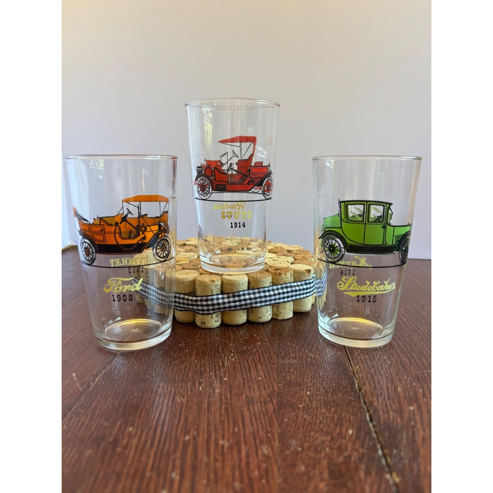 Anchor Hocking Vintage Antique Car Glasses Set of 3 Ford Chevy Stutz Hudson 5in